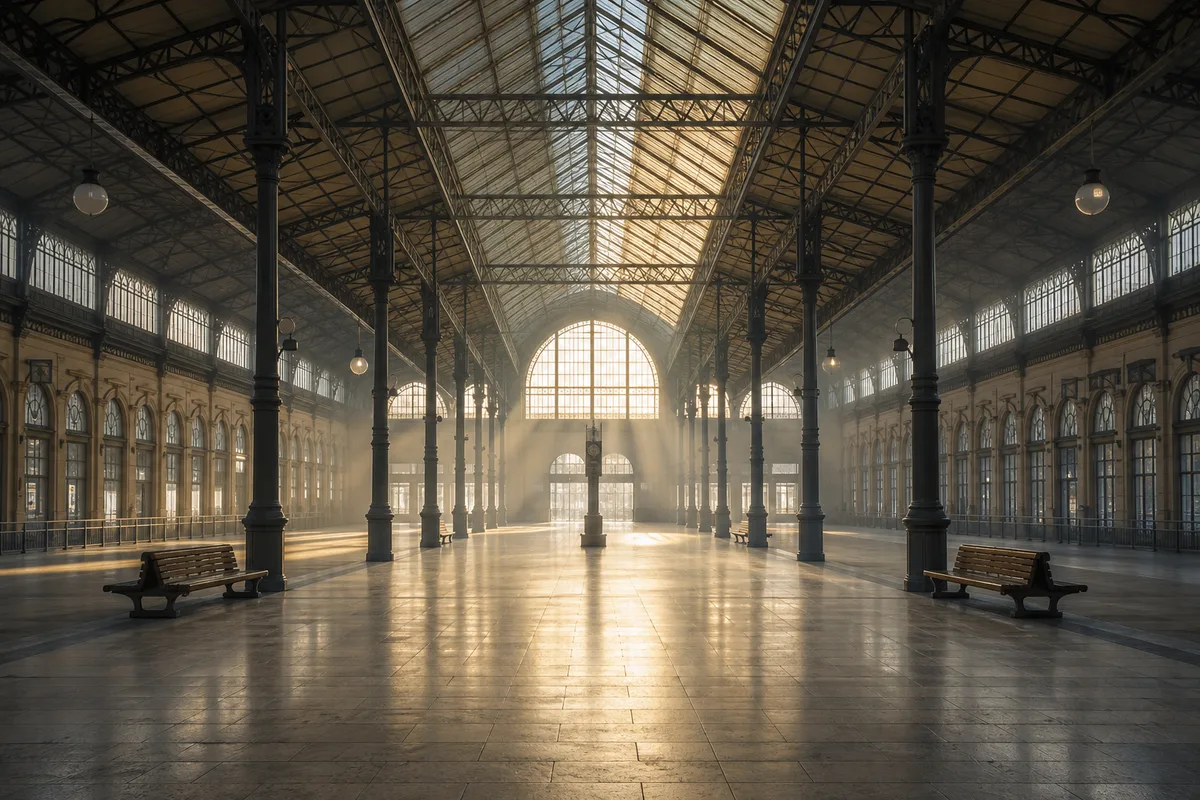 Hall de gare désert au petit matin, lumière rasante sur le sol de pierre