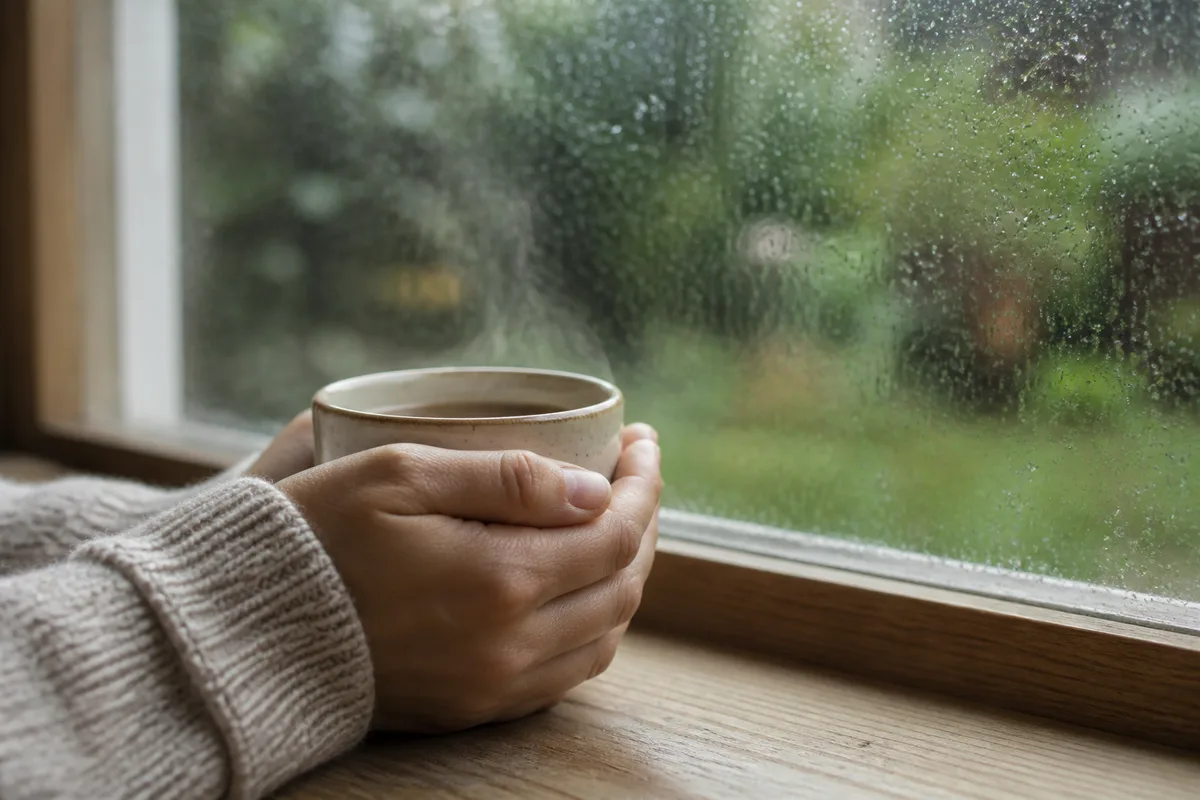 Mains posées autour d’une tasse fumante au bord d’une fenêtre couverte de pluie