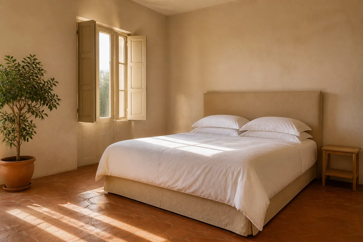 Chambre d’hôtel vide et lumineuse, draps blancs tendus et volets entrouverts