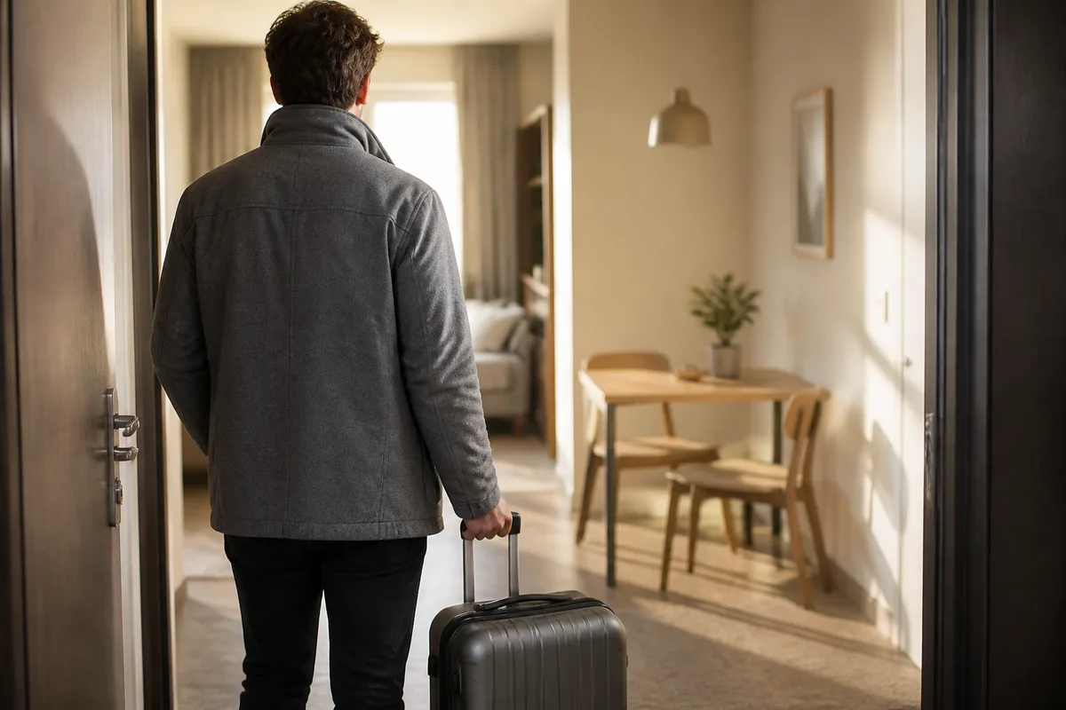 Jeune adulte de dos posant une valise cabine grise dans un studio meublé clair