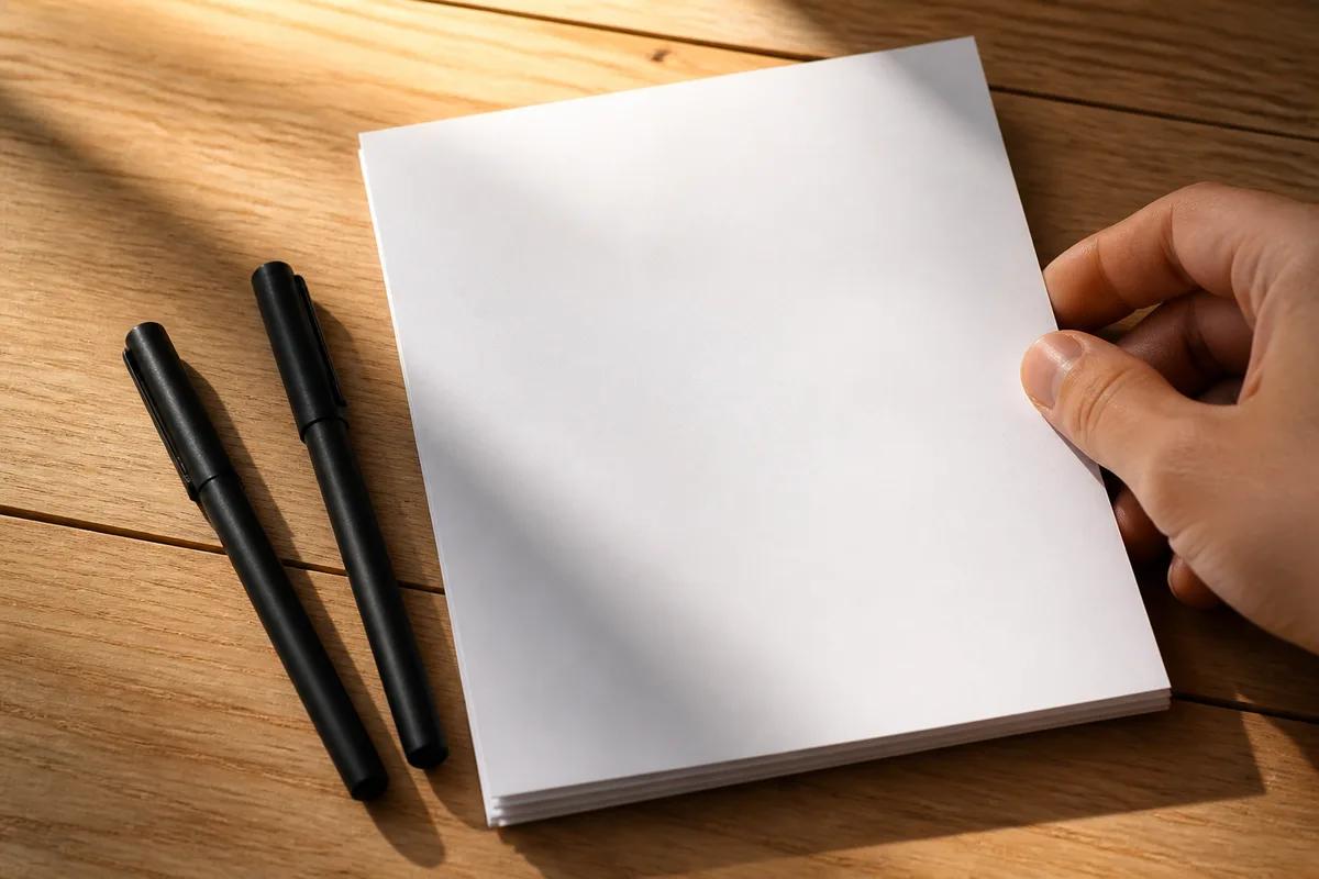Table en bois clair avec deux stylos posés à côté de feuilles blanches empilées