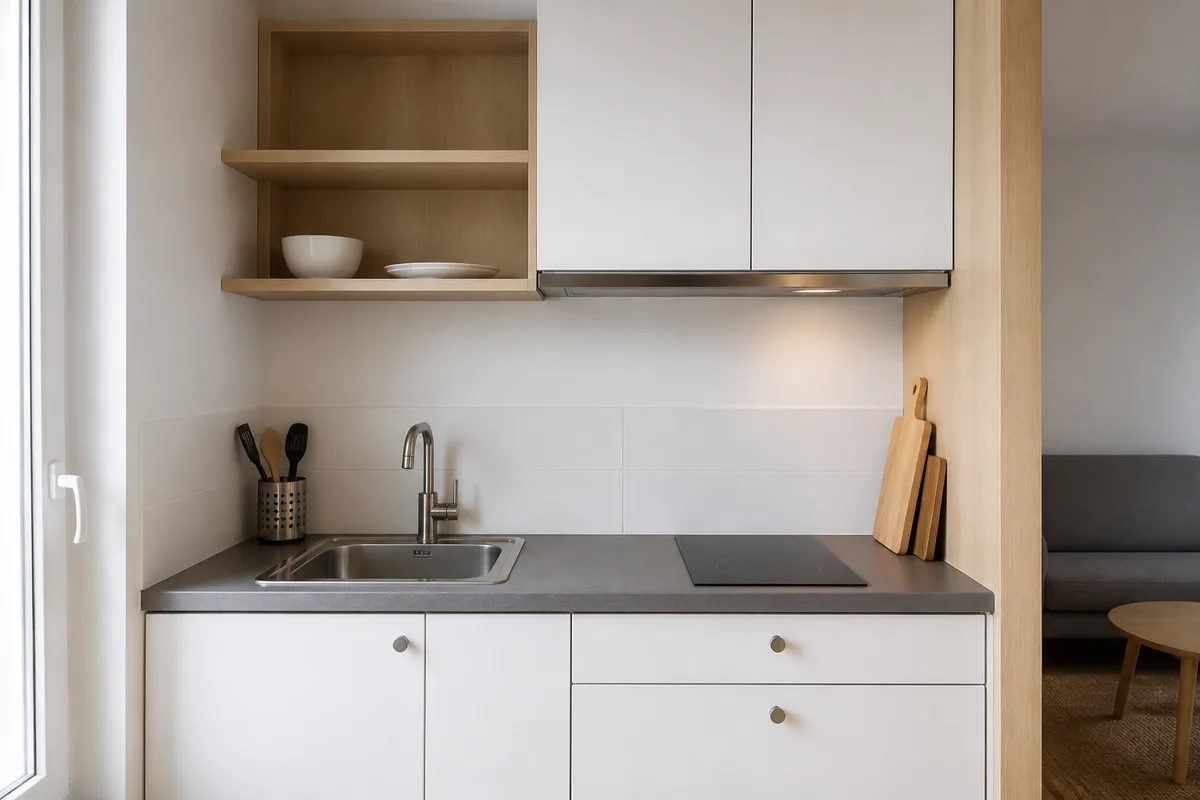 Cuisine compacte d’un petit logement meublé avec plan de travail uni et vaisselle rangée