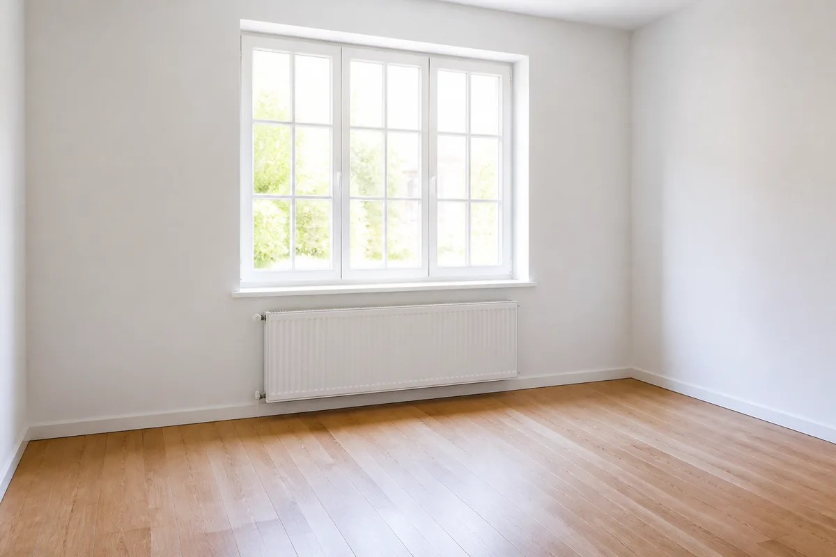Radiateur blanc uni sous une fenêtre d’un logement vide au parquet clair