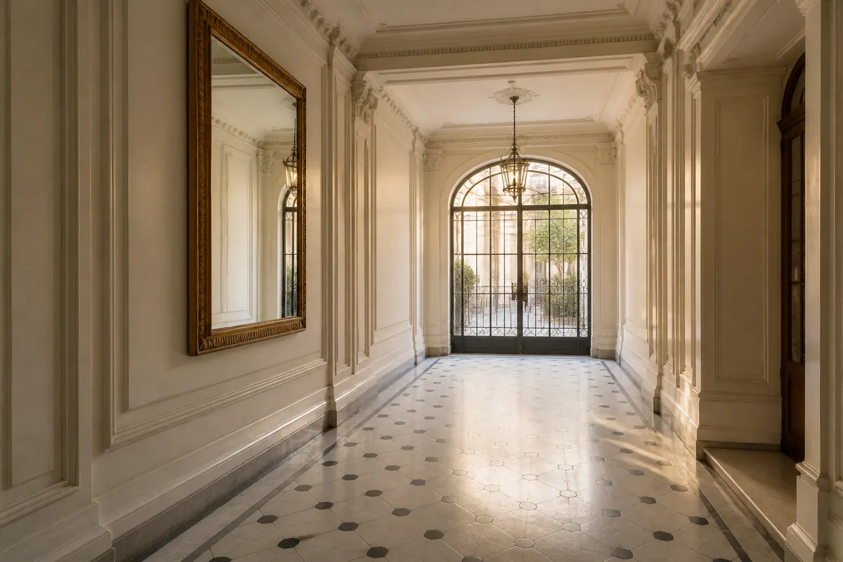 Hall d’immeuble haussmannien désert au petit matin, sol en marbre et moulures blanches