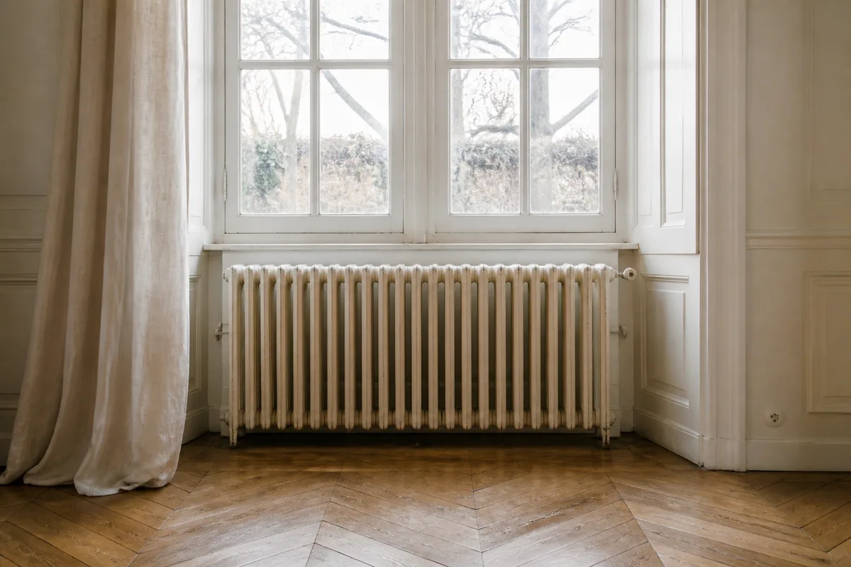 Radiateur en fonte ancien sous une fenêtre d’un intérieur domestique français
