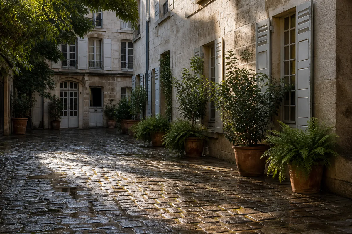 Cour intérieure pavée déserte d’un immeuble ancien français bordée de plantes vertes