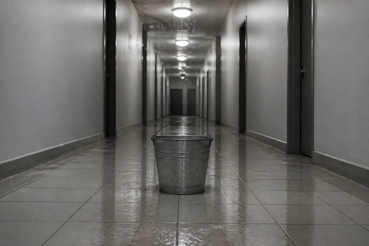 Seau en métal posé sous une fuite dans un couloir vide au sol carrelé