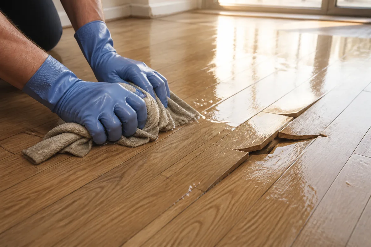 Mains gantées essuyant une flaque sur un parquet gondolé en lumière rasante