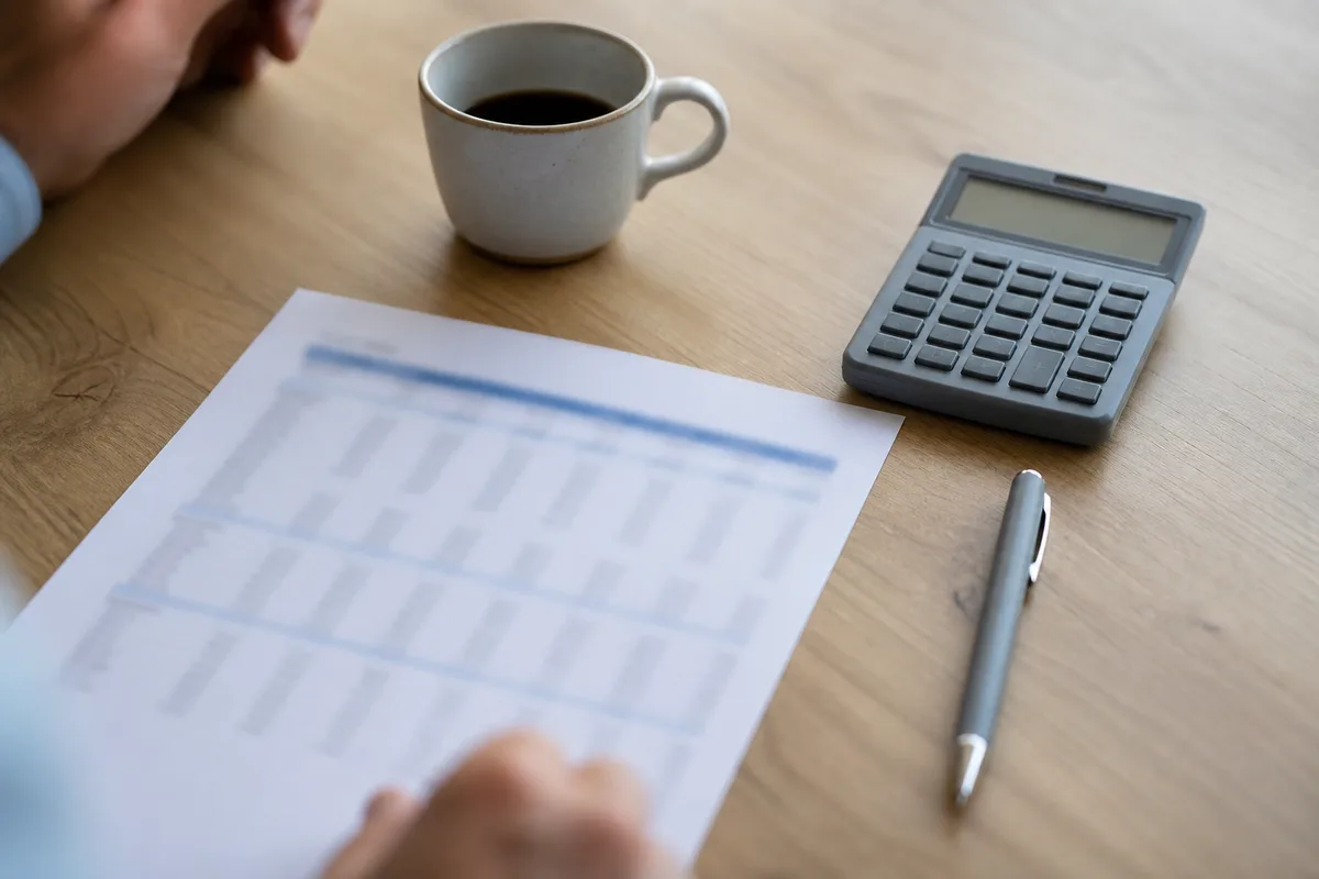 Décompte d’indemnisation d’assurance posé sur une table en bois à côté d’une calculatrice