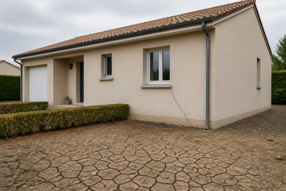 Maison individuelle en zone pavillonnaire avec une fissure visible sur un mur de façade