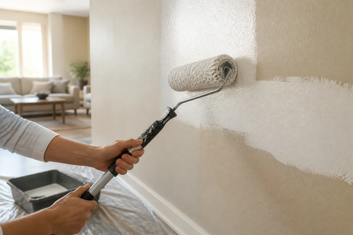 Mains appliquant un rouleau de peinture claire sur un mur de séjour
