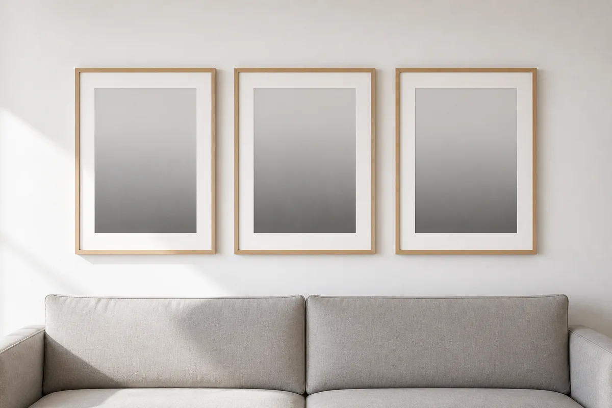 Composition de trois cadres alignés au-dessus d’un canapé gris clair
