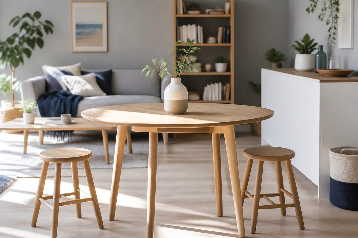 Deux tabourets en bois et une table ronde dans un séjour lumineux