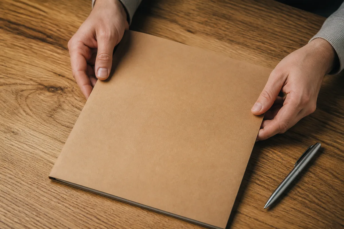 Mains posant une chemise cartonnée brune unie sur une table en chêne