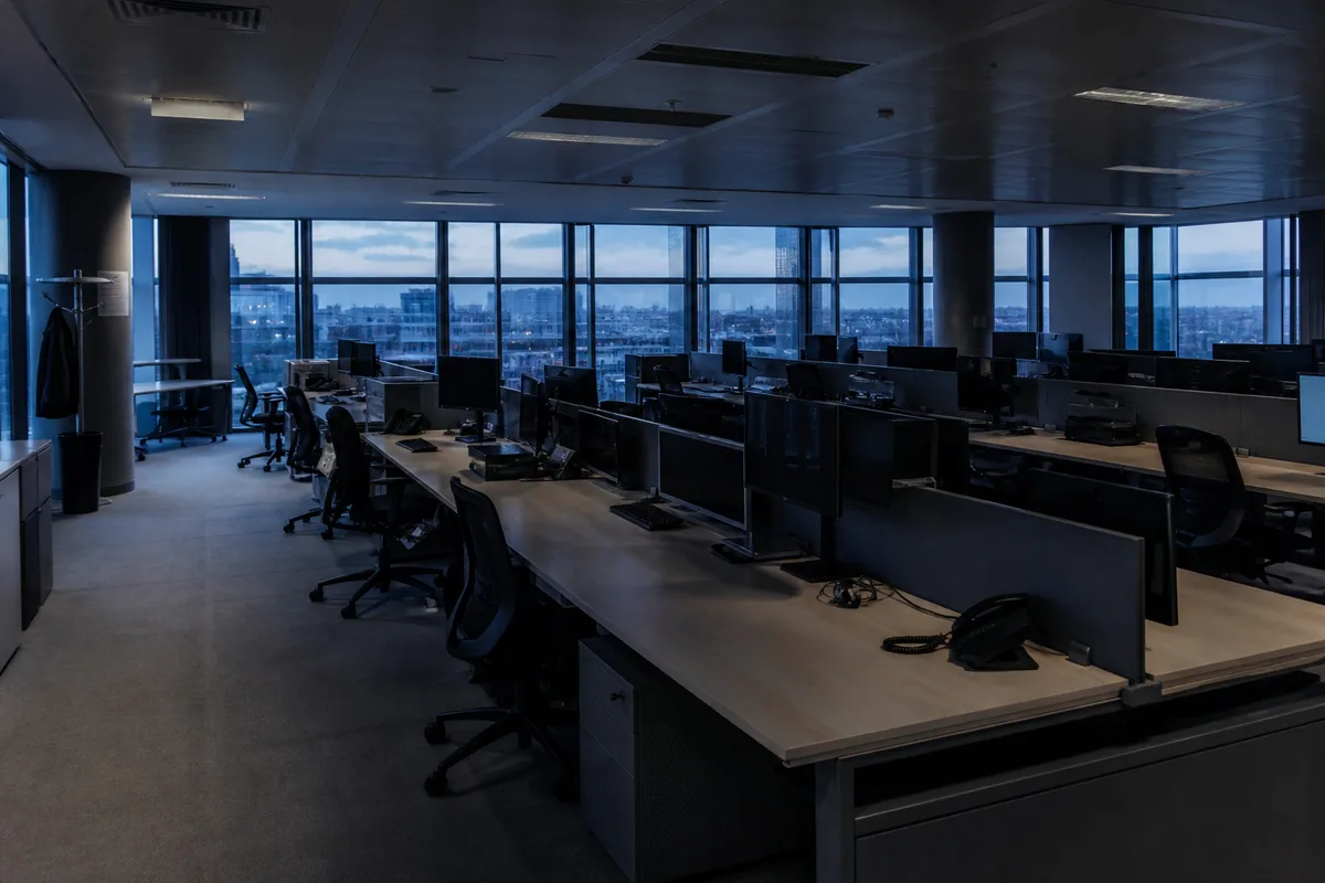 Salle de rédaction déserte à l’aube, rangées de bureaux vides