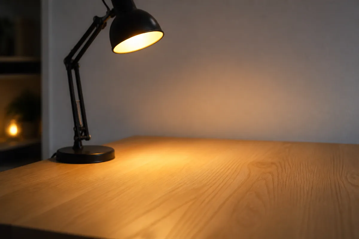 Bureau en bois clair, lampe allumée, lumière chaude du soir