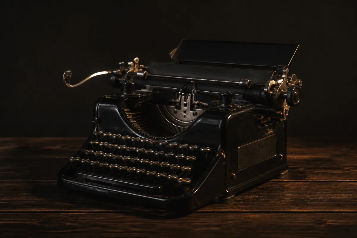 Machine à écrire ancienne vue de trois quarts, pénombre douce