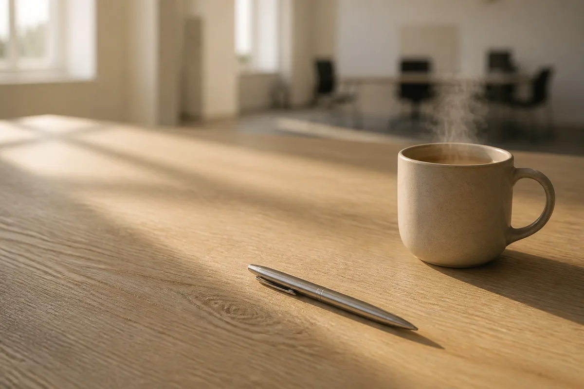 Plan de travail en bois clair et nu dans un bureau au petit matin
