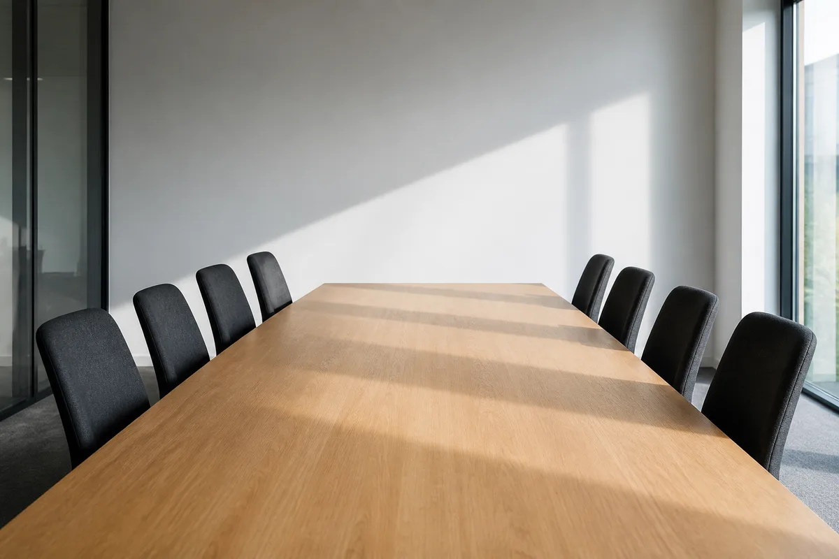 Salle de réunion vide, table longue, lumière rasante du matin