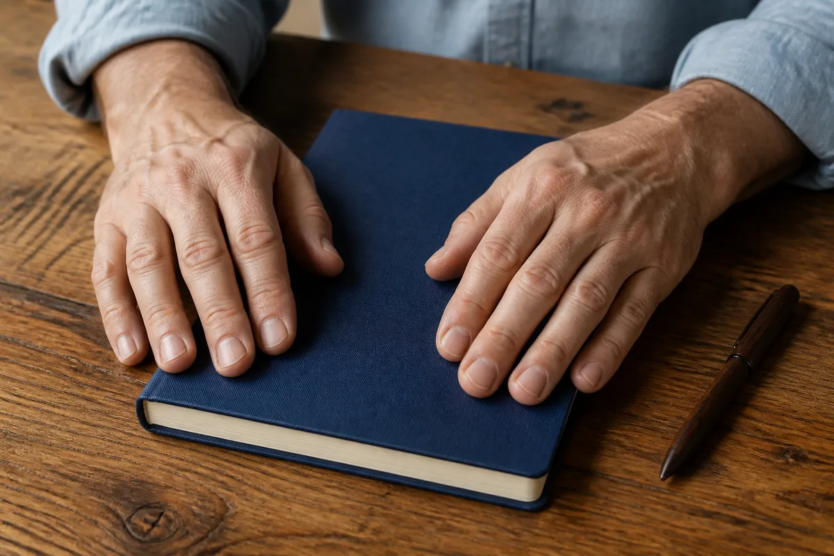 Mains posées sur un carnet fermé, table en chêne, lumière douce