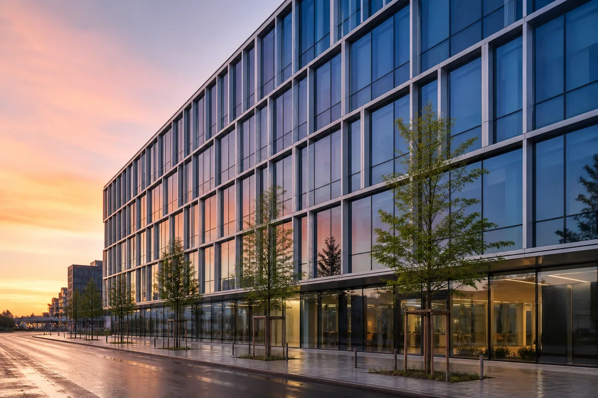 Façade vitrée d’un immeuble de bureaux au lever du jour, ciel dégagé