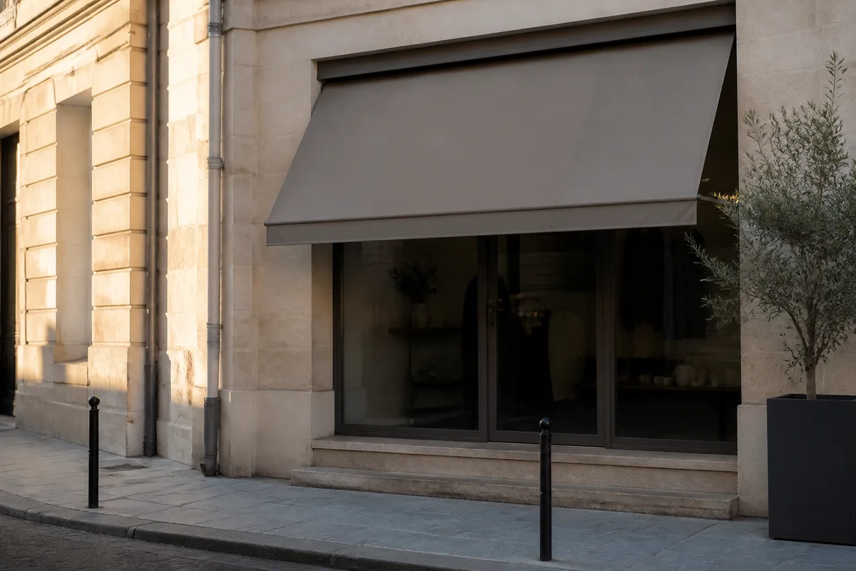 Devanture de commerce en pierre claire, store uni baissé, rue déserte au petit matin