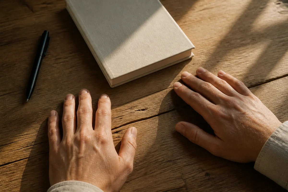 Mains posées sur un plan de travail en bois brut, carnet fermé, lumière rasante