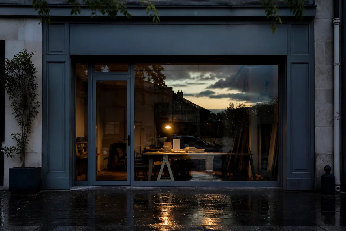Vitrine d’atelier vue de l’extérieur, store métallique uni relevé, trottoir mouillé