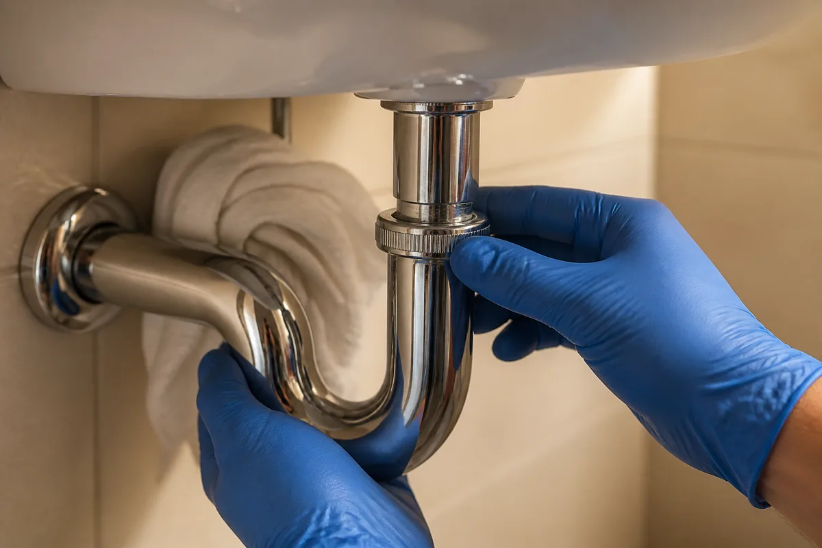 Mains gantées inspectant le siphon chromé sous une vasque en céramique blanche