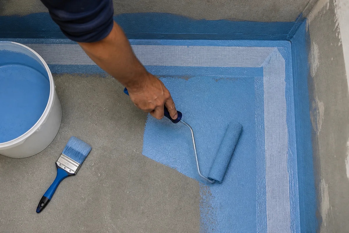 Application au rouleau d’une membrane d’étanchéité bleue sur la chape d’une zone de douche