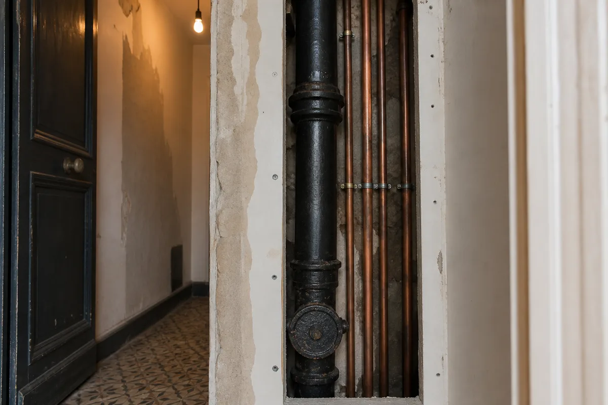 Gaine technique ouverte dans un couloir d’immeuble ancien, colonne de fonte et tubes de cuivre alignés