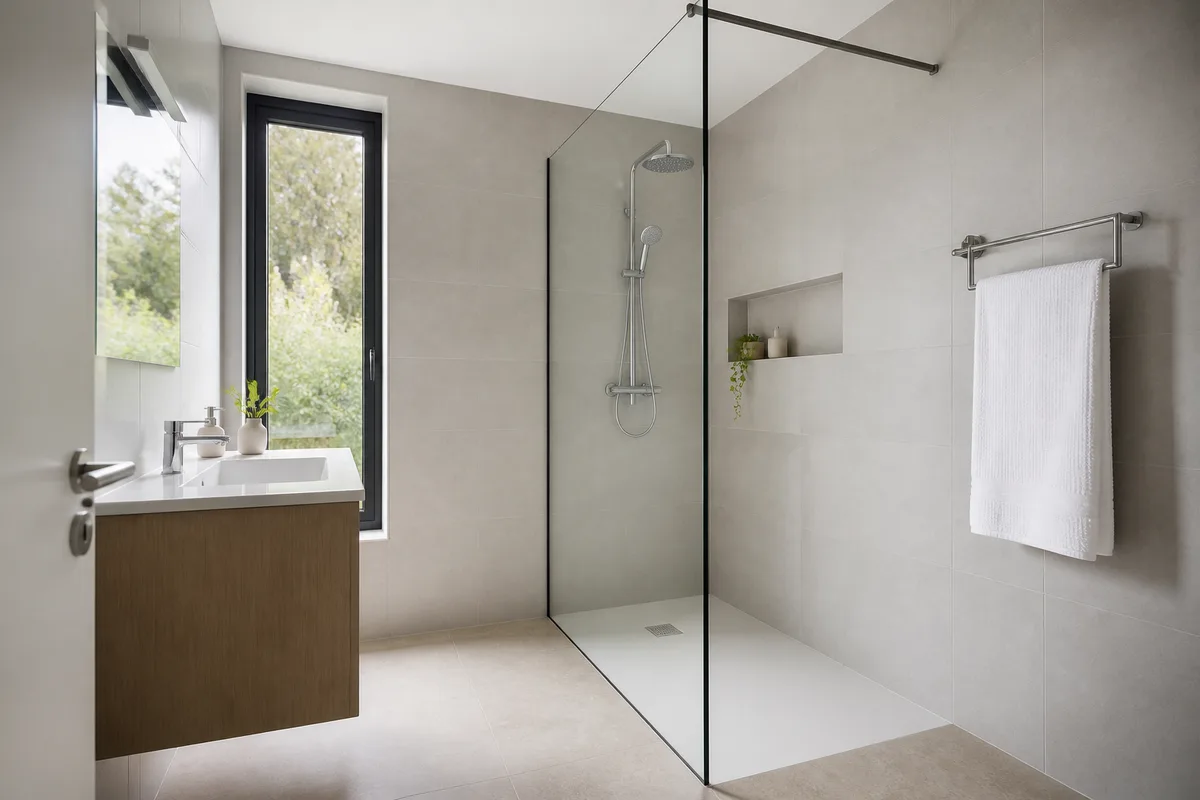Petite salle de bain rénovée avec douche de plain-pied fermée par une paroi de verre