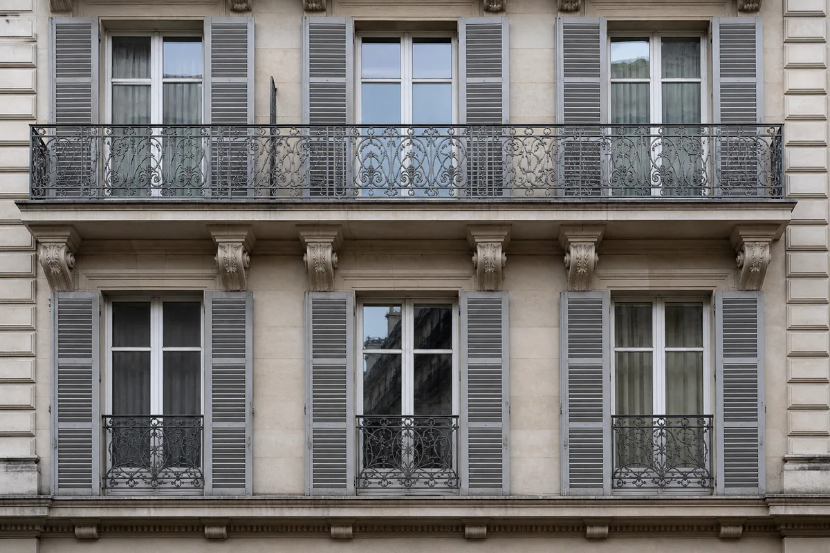 Façade d’immeuble en pierre claire avec volets en bois et balcons en fer forgé