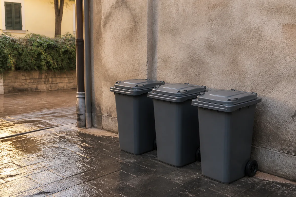 Bacs de collecte gris alignés dans une cour pavée sous une lumière matinale douce
