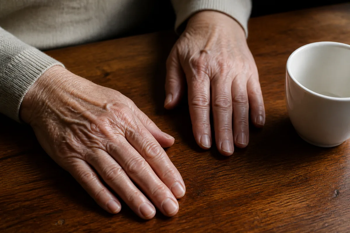 Mains d’une personne âgée posées sur une table en bois près d’une tasse en céramique unie
