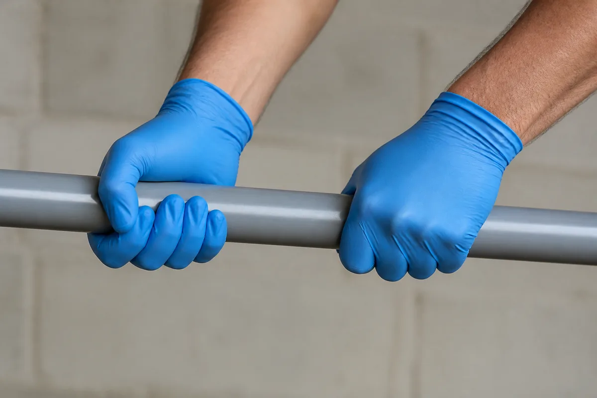 Mains gantées posées sur un tuyau en PVC gris